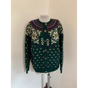VTG Eddie Bauer Cardigan Sweater Women Wool Green Nordic FairIsle Knit Christmas